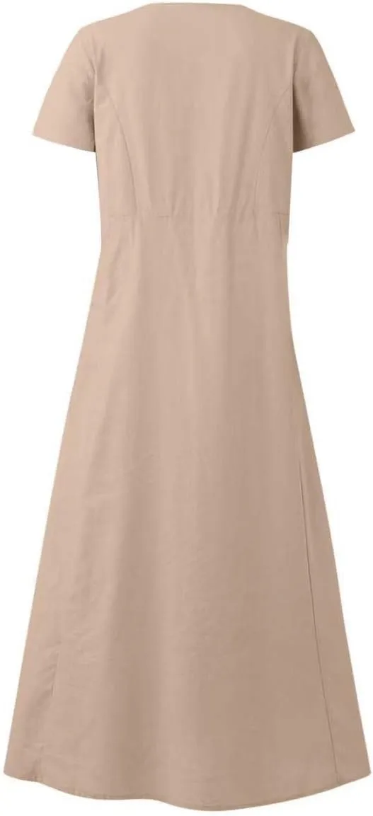 Linen Dress for Women Loose Short Sleeve Button Down Maxi Sundress Summer Comfy Solid Color Ruffle Flowy Dresses