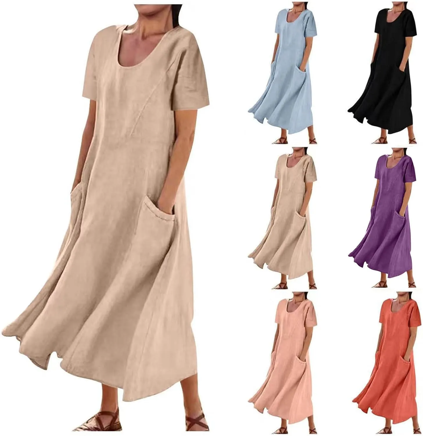 Linen Dress for Women Loose Short Sleeve Button Down Maxi Sundress Summer Comfy Solid Color Ruffle Flowy Dresses