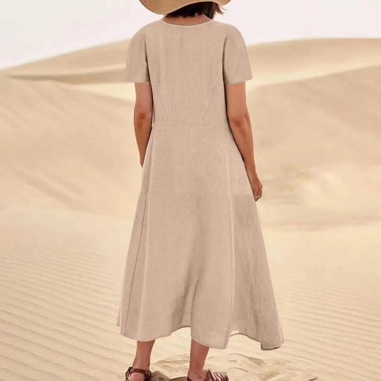Linen Dress for Women Loose Short Sleeve Button Down Maxi Sundress Summer Comfy Solid Color Ruffle Flowy Dresses