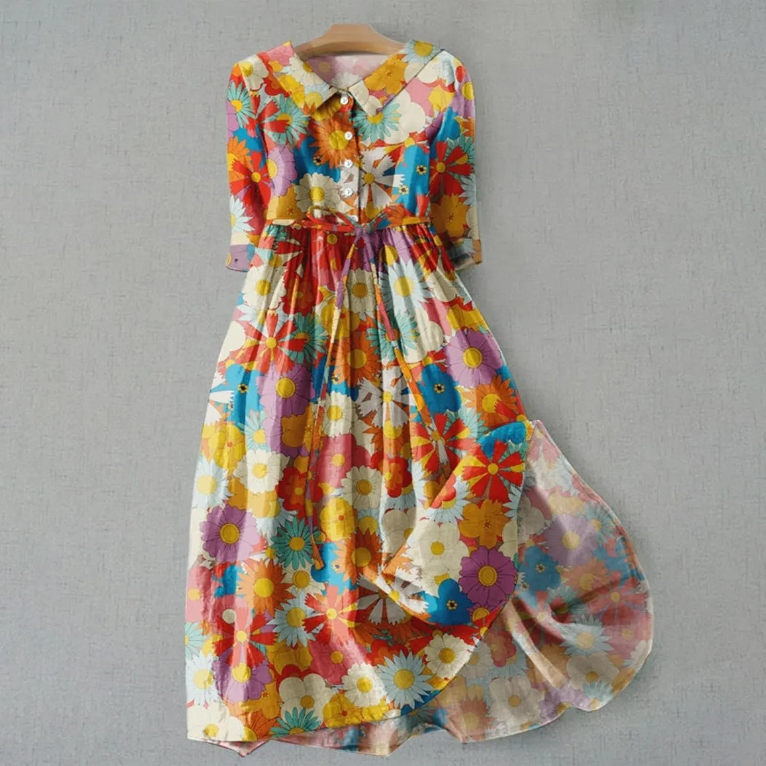 Linen Dresses for Women 2025 Maxi Button Down Plus Size a Line Dress Trendy 3/4 Sleeve Floral Printed Sundress