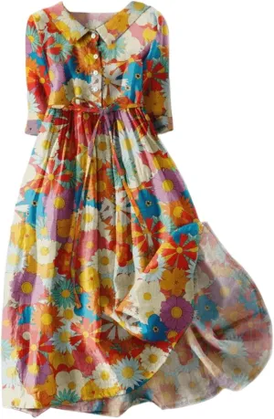 Linen Dresses for Women 2025 Maxi Button Down Plus Size a Line Dress Trendy 3/4 Sleeve Floral Printed Sundress