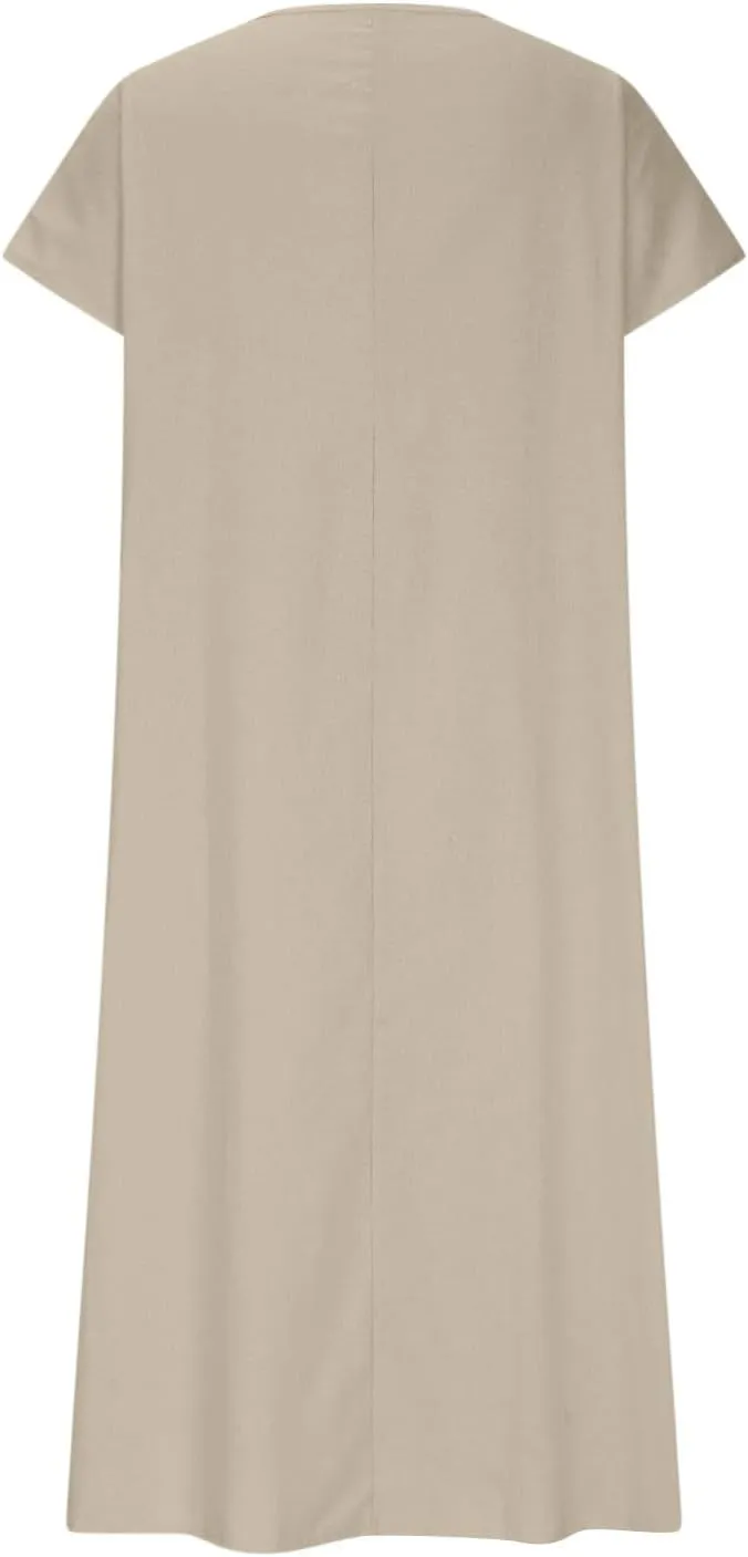 Linen Dresses for Women Short Sleeve V-Neck Beach Sundresses Lightweight Flowy Loose Summer Midi Dress