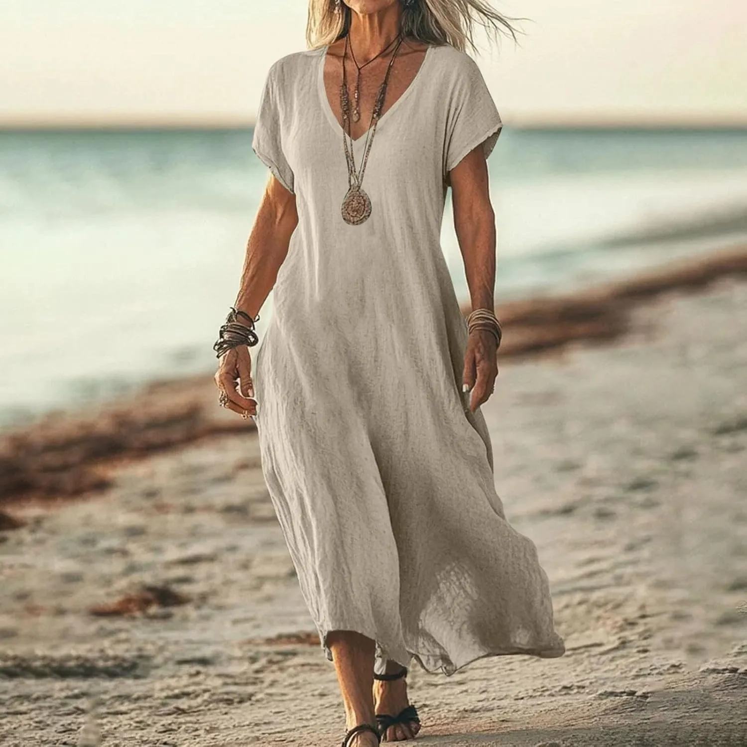 Linen Dresses for Women Short Sleeve V-Neck Beach Sundresses Lightweight Flowy Loose Summer Midi Dress