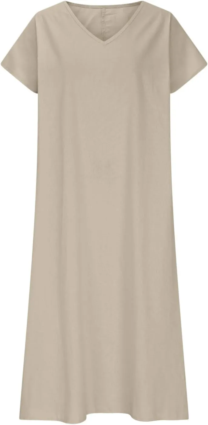 Linen Dresses for Women Short Sleeve V-Neck Beach Sundresses Lightweight Flowy Loose Summer Midi Dress
