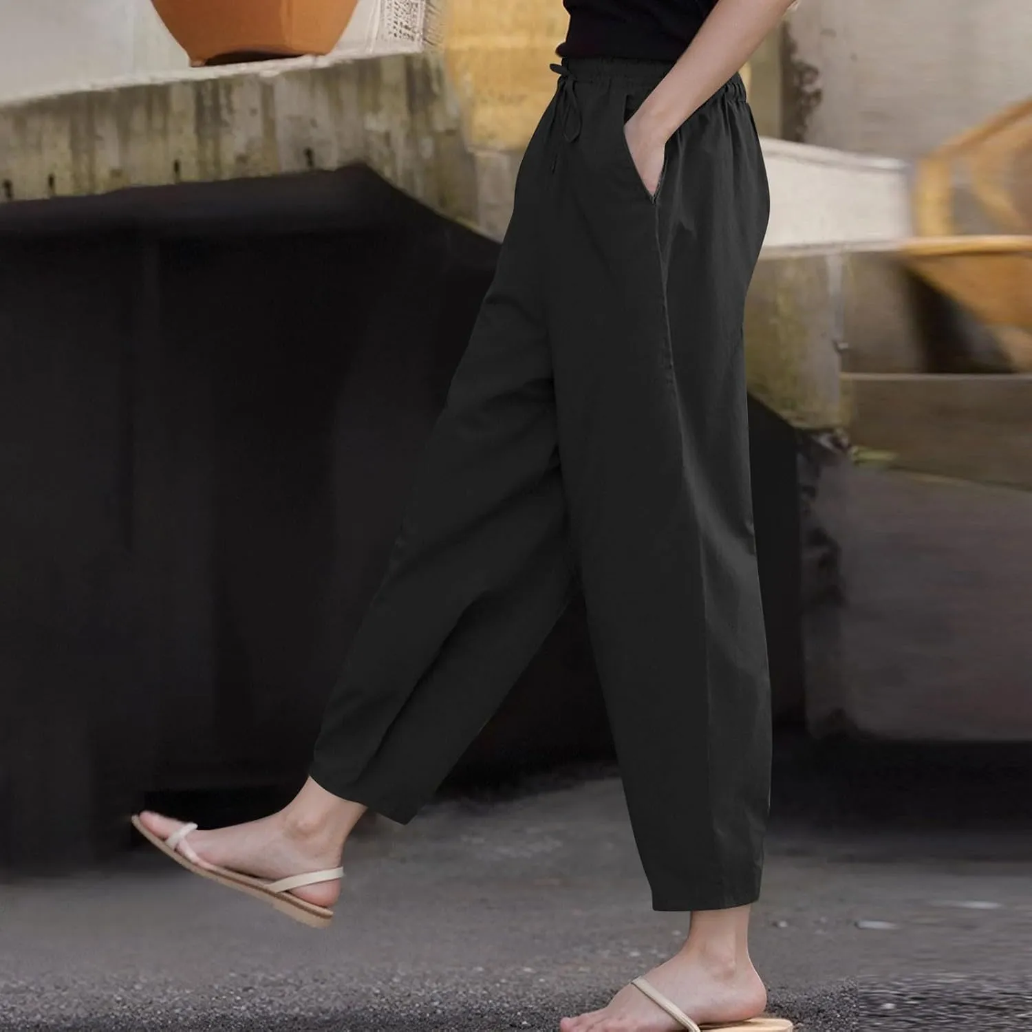 Linen Pants Women Summer Casual Cotton Linen Pants High Waisted Drawstring Lounge Pants Beach Trousers