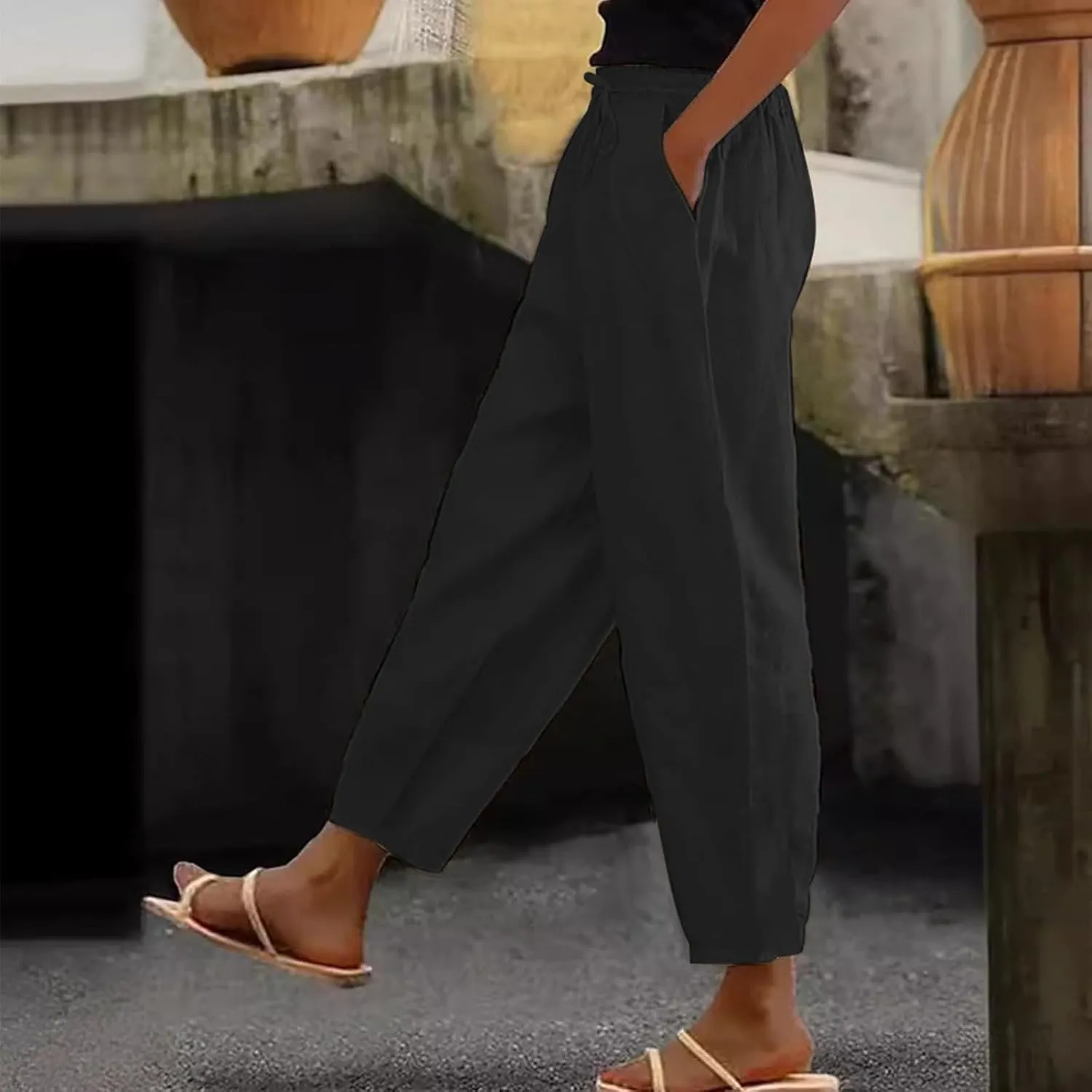 Linen Pants Women Summer Casual Cotton Linen Pants High Waisted Drawstring Lounge Pants Beach Trousers