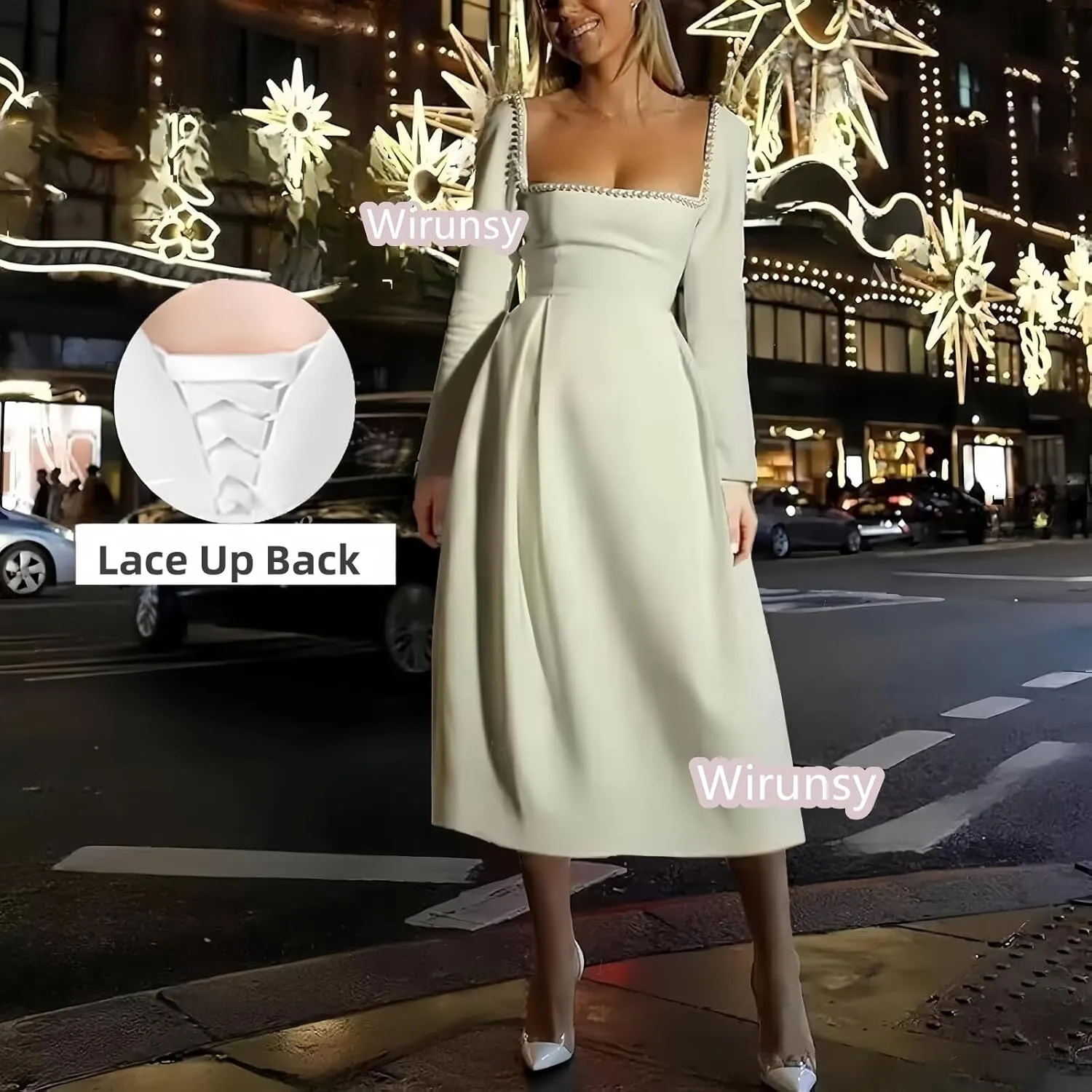 Long Sleeve Wedding Dresses for Brides Pearls Square Neck Bridal Gowns Satin Midi Dress