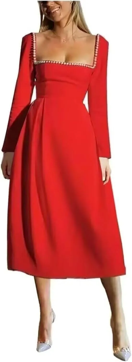 Long Sleeve Wedding Dresses for Brides Pearls Square Neck Bridal Gowns Satin Midi Dress