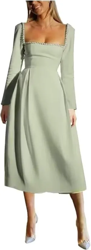 Long Sleeve Wedding Dresses for Brides Pearls Square Neck Bridal Gowns Satin Midi Dress