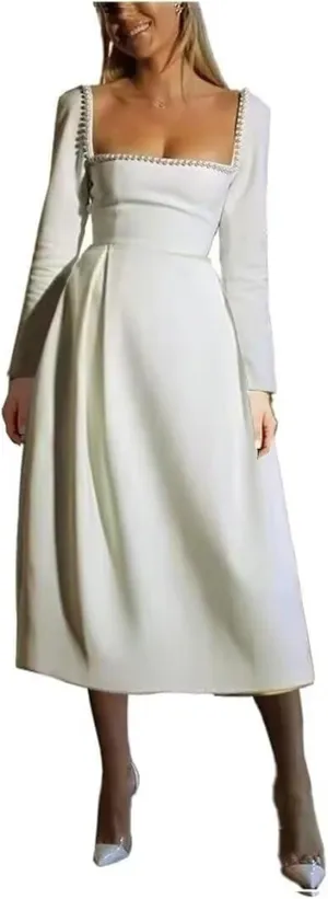 Long Sleeve Wedding Dresses for Brides Pearls Square Neck Bridal Gowns Satin Midi Dress