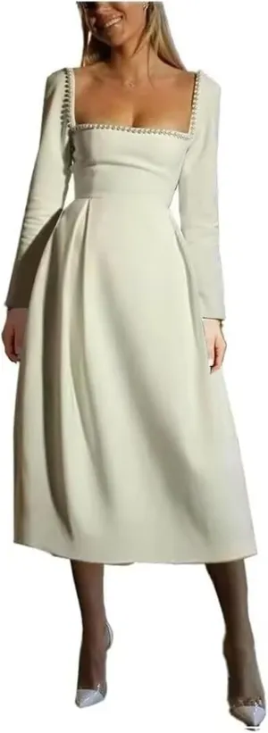 Long Sleeve Wedding Dresses for Brides Pearls Square Neck Bridal Gowns Satin Midi Dress