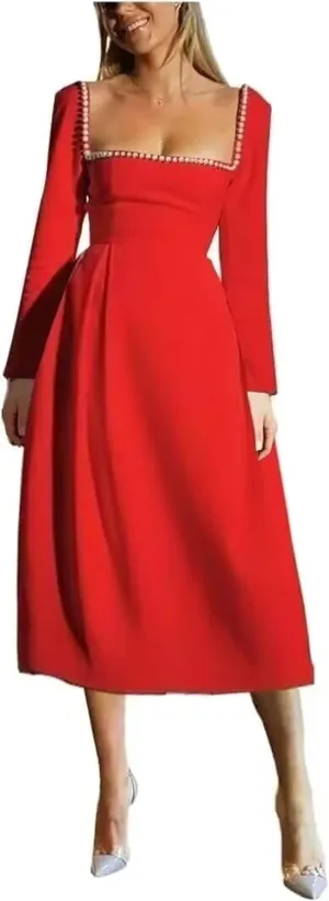 Long Sleeve Wedding Dresses for Brides Pearls Square Neck Bridal Gowns Satin Midi Dress