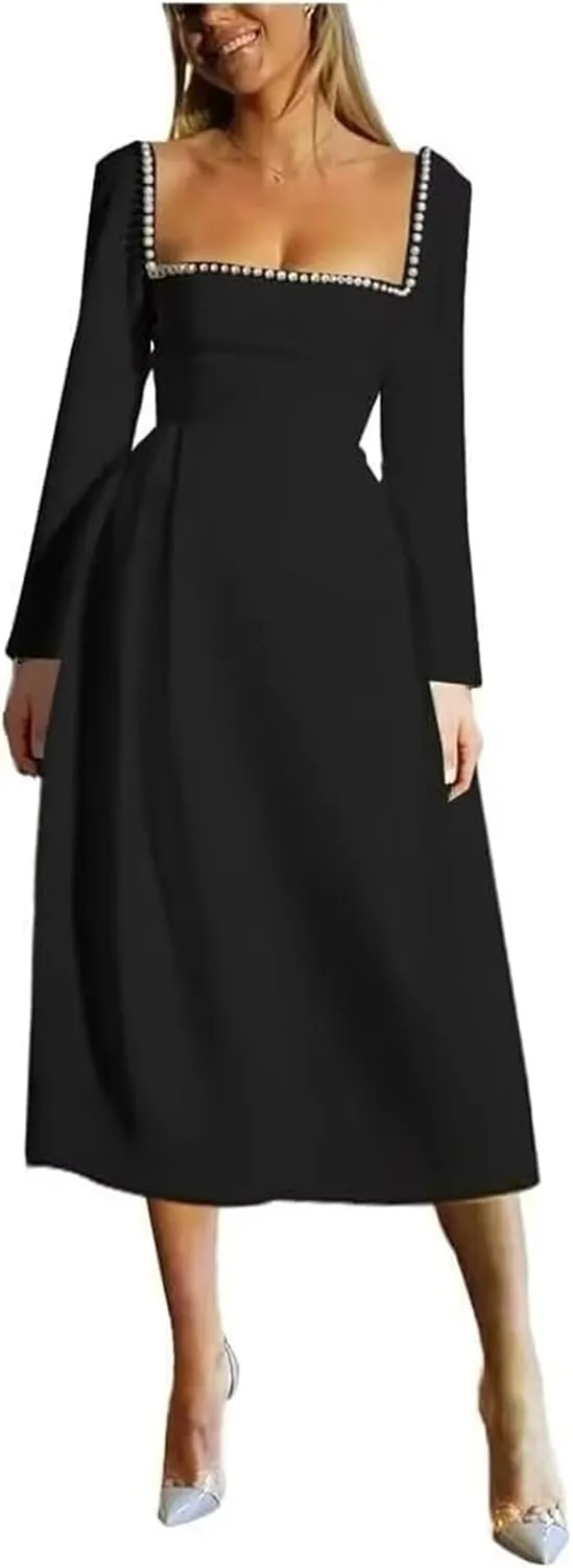 Long Sleeve Wedding Dresses for Brides Pearls Square Neck Bridal Gowns Satin Midi Dress