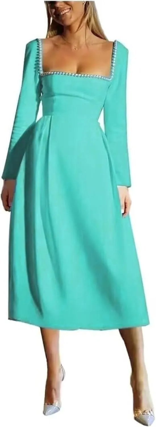 Long Sleeve Wedding Dresses for Brides Pearls Square Neck Bridal Gowns Satin Midi Dress