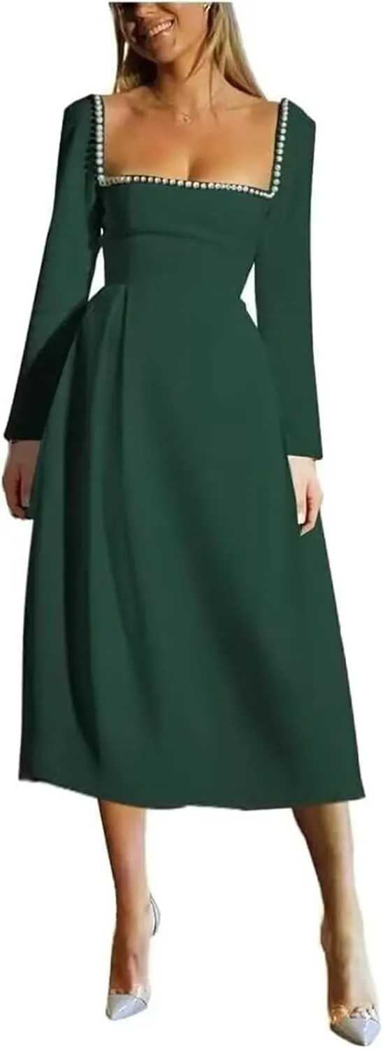 Long Sleeve Wedding Dresses for Brides Pearls Square Neck Bridal Gowns Satin Midi Dress