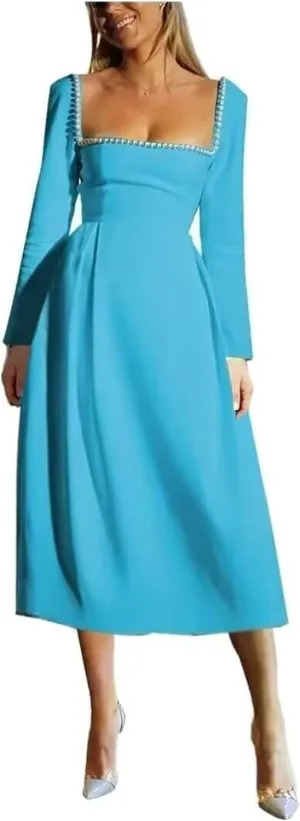 Long Sleeve Wedding Dresses for Brides Pearls Square Neck Bridal Gowns Satin Midi Dress