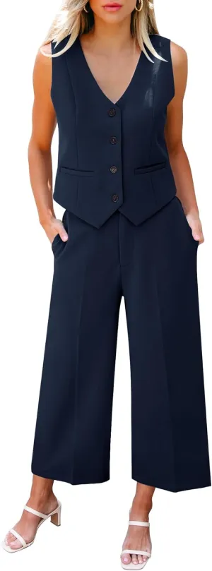 LookbookStore Pant Suits for Women Dressy Two Piece Business Casual Outfits Sleeveless Blazer Summer Vest and Pants Sets