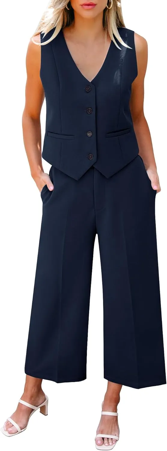 LookbookStore Pant Suits for Women Dressy Two Piece Business Casual Outfits Sleeveless Blazer Summer Vest and Pants Sets