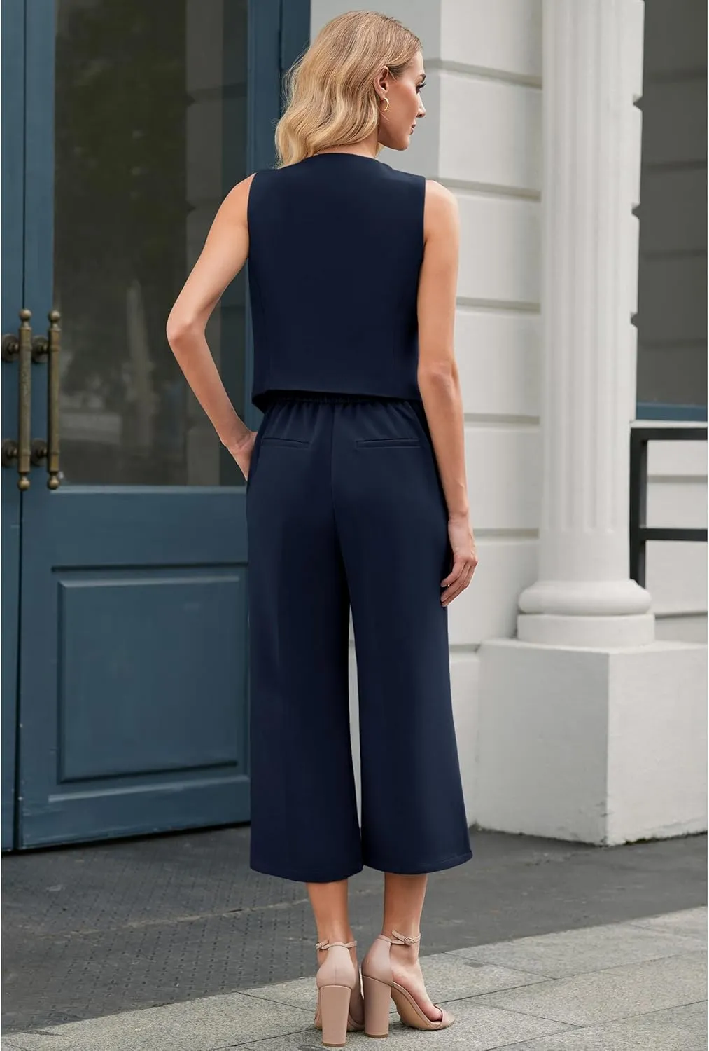 LookbookStore Pant Suits for Women Dressy Two Piece Business Casual Outfits Sleeveless Blazer Summer Vest and Pants Sets