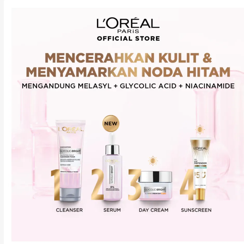 L'Oreal Paris Glycolic Bright Kit - Paket Mencerahkan Kulit dan Menyamarkan Noda Hitam