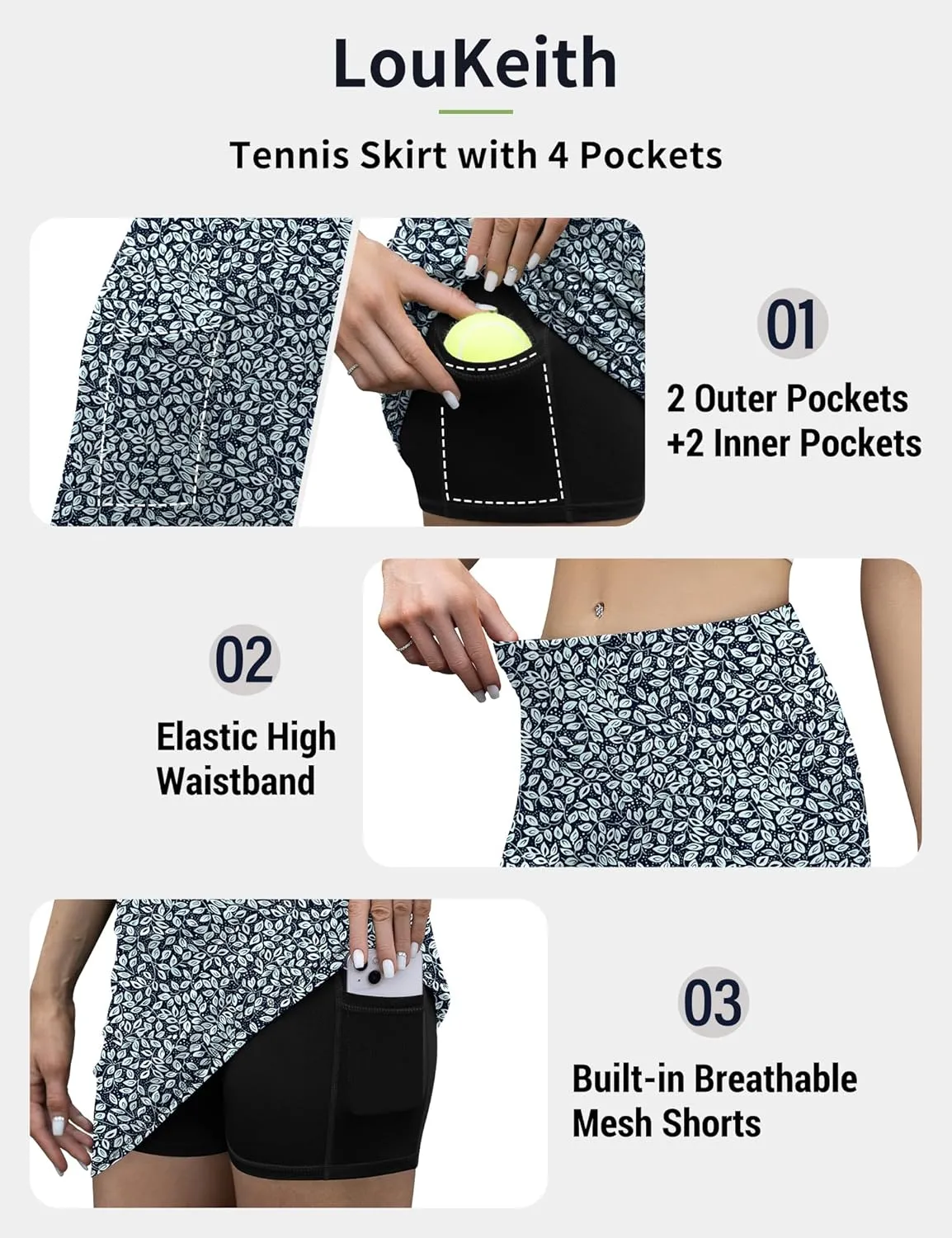 LouKeith Tennis Skirt with Shorts High Waisted Golf Skirts Dressy Casual Workout Athletic Skorts for Women with 4 Pockets
