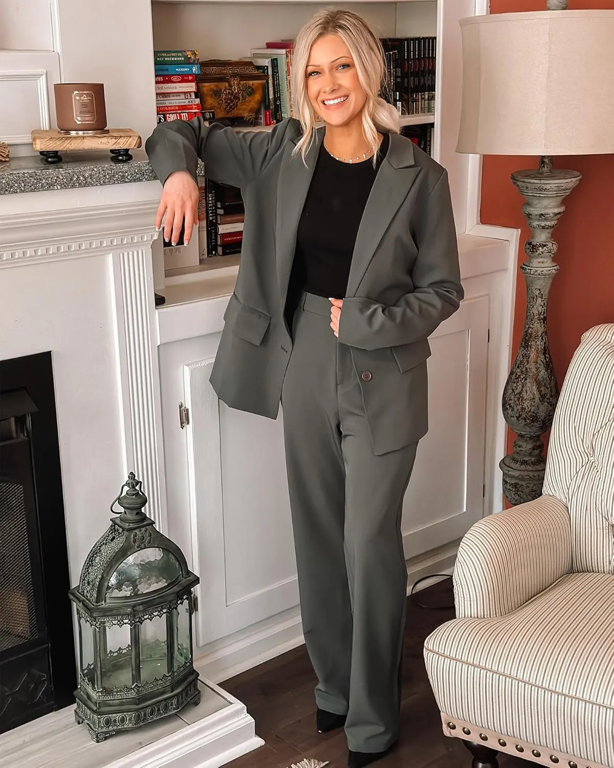 luvamia 2 Piece Outfits for Women Dressy Blazer Jackets High Waisted Straight Leg Pants Suits Set Business Casual Office