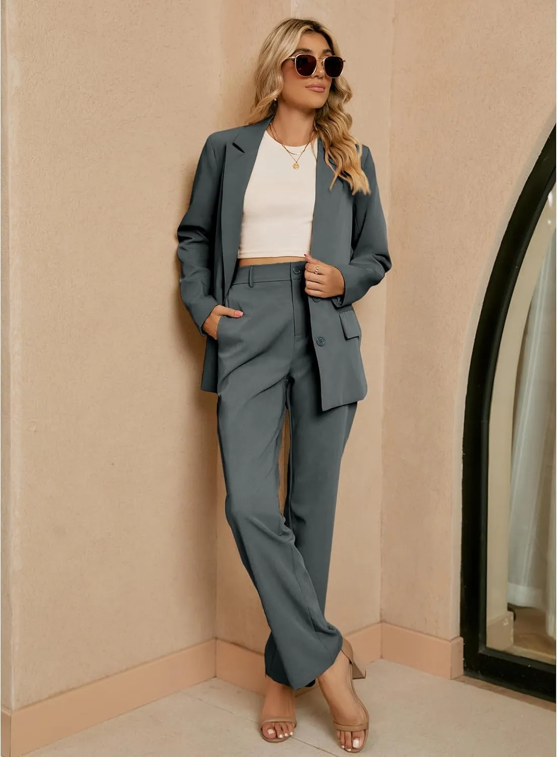 luvamia 2 Piece Outfits for Women Dressy Blazer Jackets High Waisted Straight Leg Pants Suits Set Business Casual Office