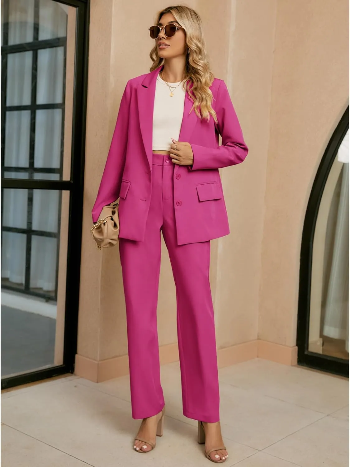 luvamia 2 Piece Outfits for Women Dressy Blazer Jackets High Waisted Straight Leg Pants Suits Set Business Casual Office