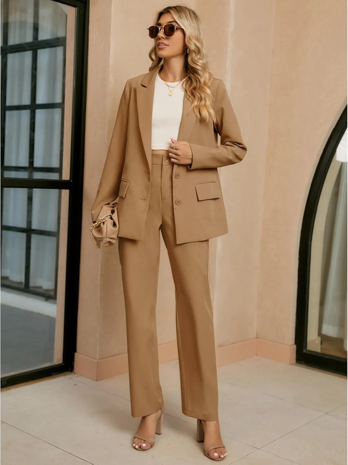 luvamia 2 Piece Outfits for Women Dressy Blazer Jackets High Waisted Straight Leg Pants Suits Set Business Casual Office