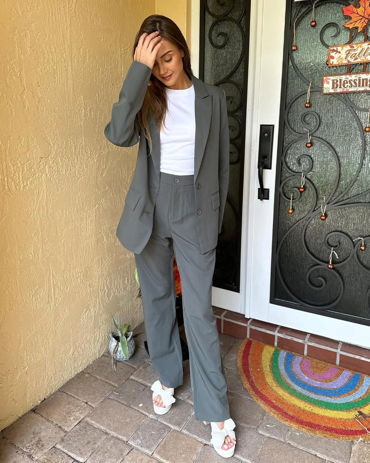 luvamia 2 Piece Outfits for Women Dressy Blazer Jackets High Waisted Straight Leg Pants Suits Set Business Casual Office