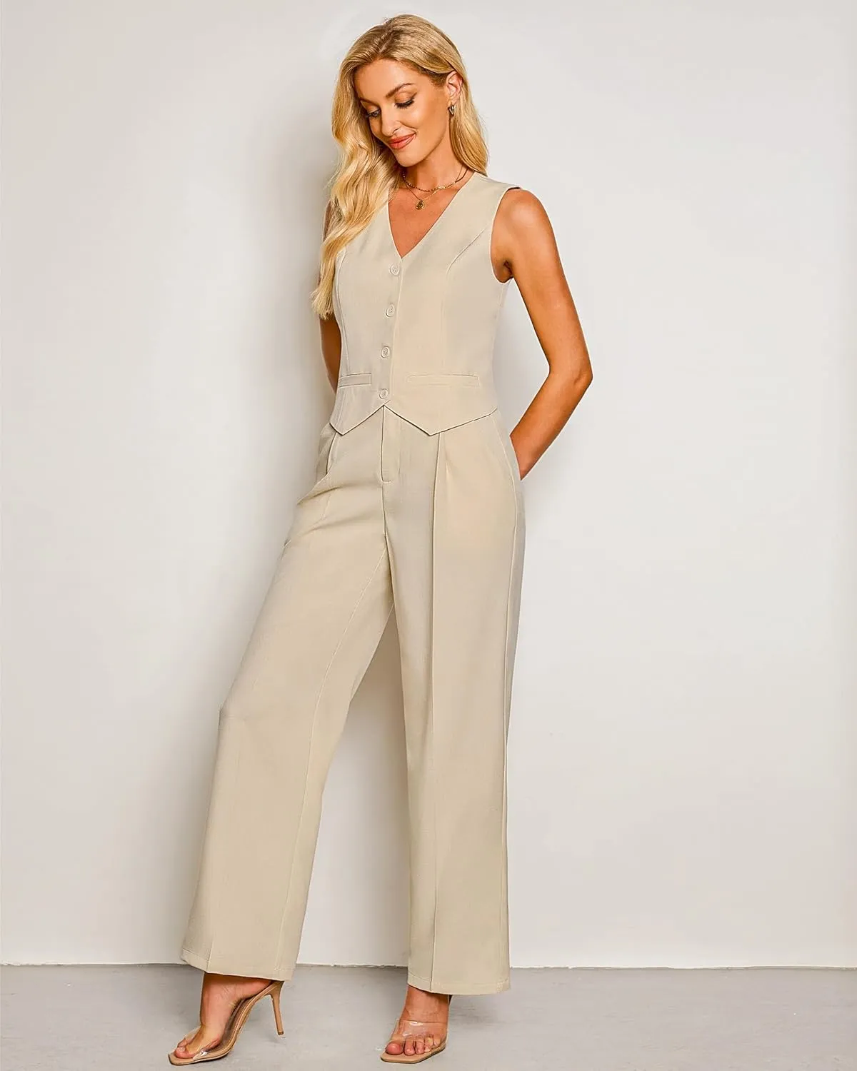 luvamia Pant Suits for Women Dressy Casual 2 Piece Sets Sleeveless Blazer Vest with High Rise Wide Leg Pants Work Office