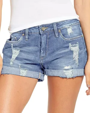 luvamia Women's Ripped Denim Jean Shorts High Waisted Stretchy Folded Hem Short Jeans