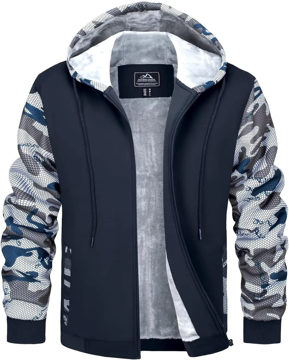 MAGCOMSEN Men's Full Zip Hoodie Fuzzy Fleece Lined Jacket Heavyweight Camo Sweatshirts Winter Coats