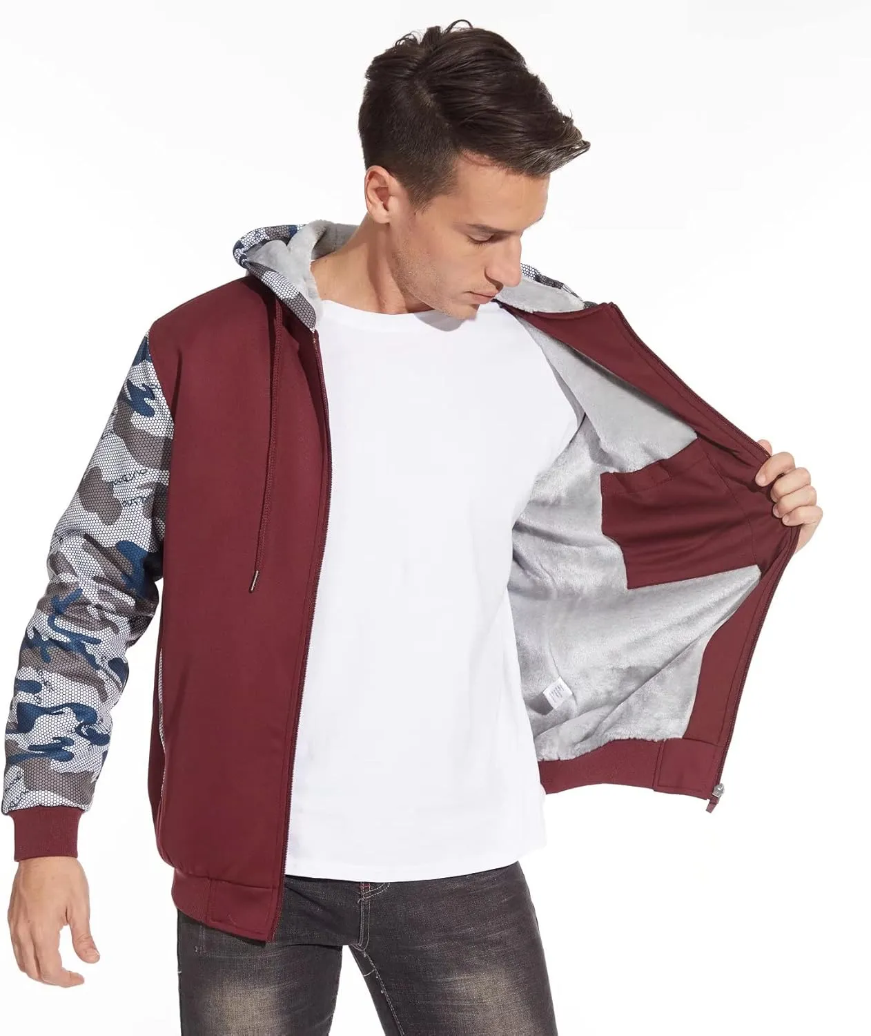 MAGCOMSEN Men's Full Zip Hoodie Fuzzy Fleece Lined Jacket Heavyweight Camo Sweatshirts Winter Coats