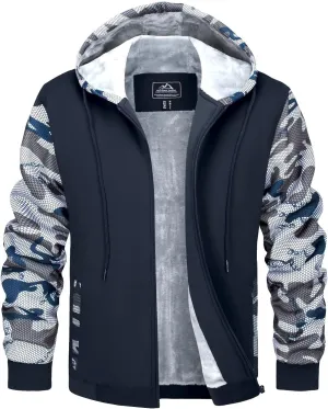 MAGCOMSEN Men's Full Zip Hoodie Fuzzy Fleece Lined Jacket Heavyweight Camo Sweatshirts Winter Coats