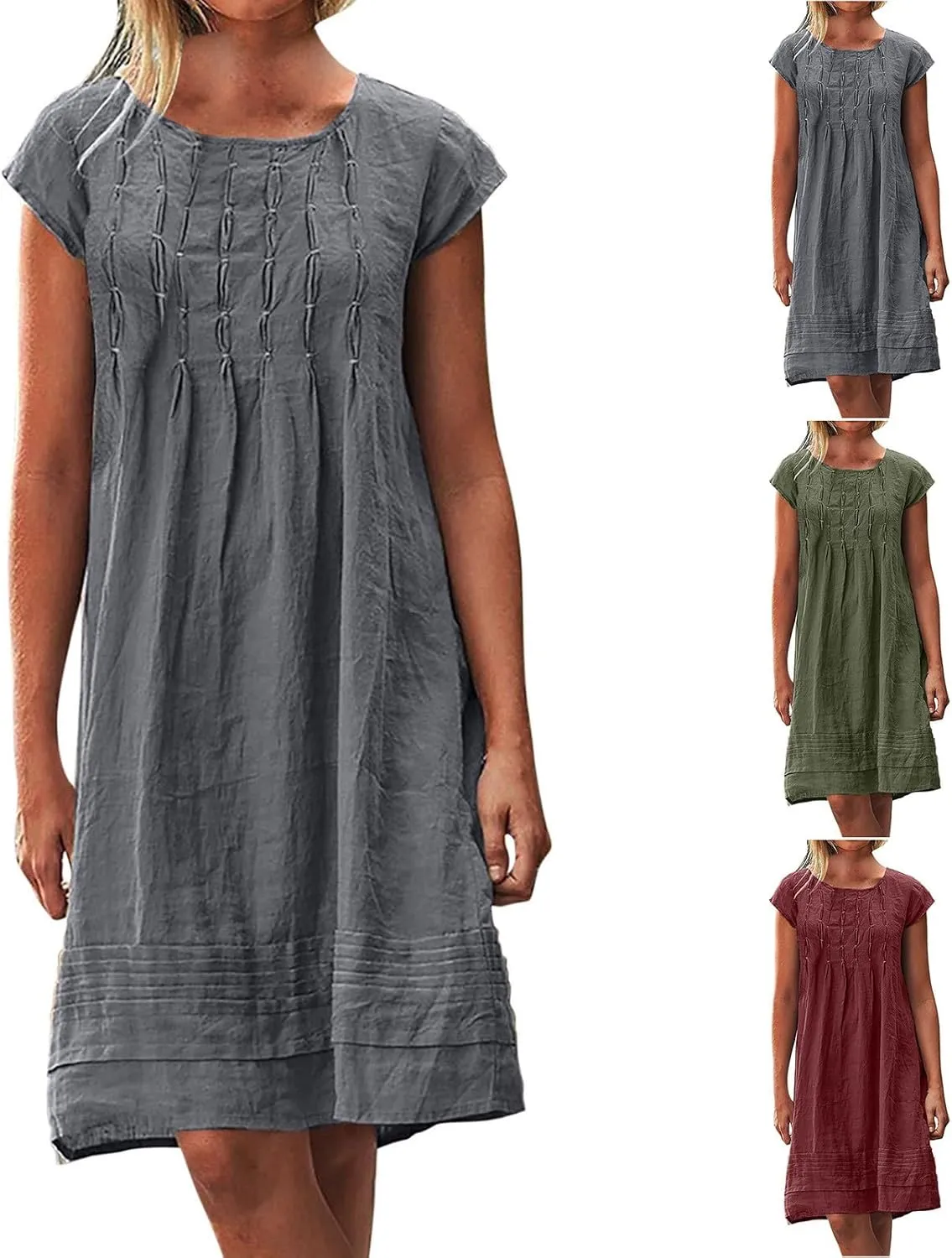 maisdgop Linen Dresses for Women 2025 Plus Size Cap Sleeve Pleated Summer Midi Dress Vacation Casual Knee Length Sundresses