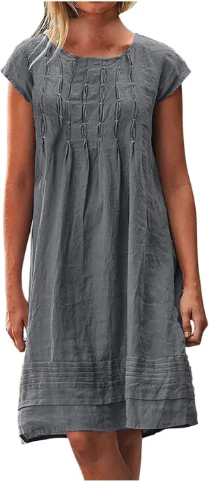 maisdgop Linen Dresses for Women 2025 Plus Size Cap Sleeve Pleated Summer Midi Dress Vacation Casual Knee Length Sundresses