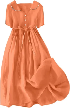 maisdgop Maxi Dresses for Women 2025 Casual Boho Solid Color Cotton Linen Lace up Sundress Fashion Lapel Neck Flowy Dress