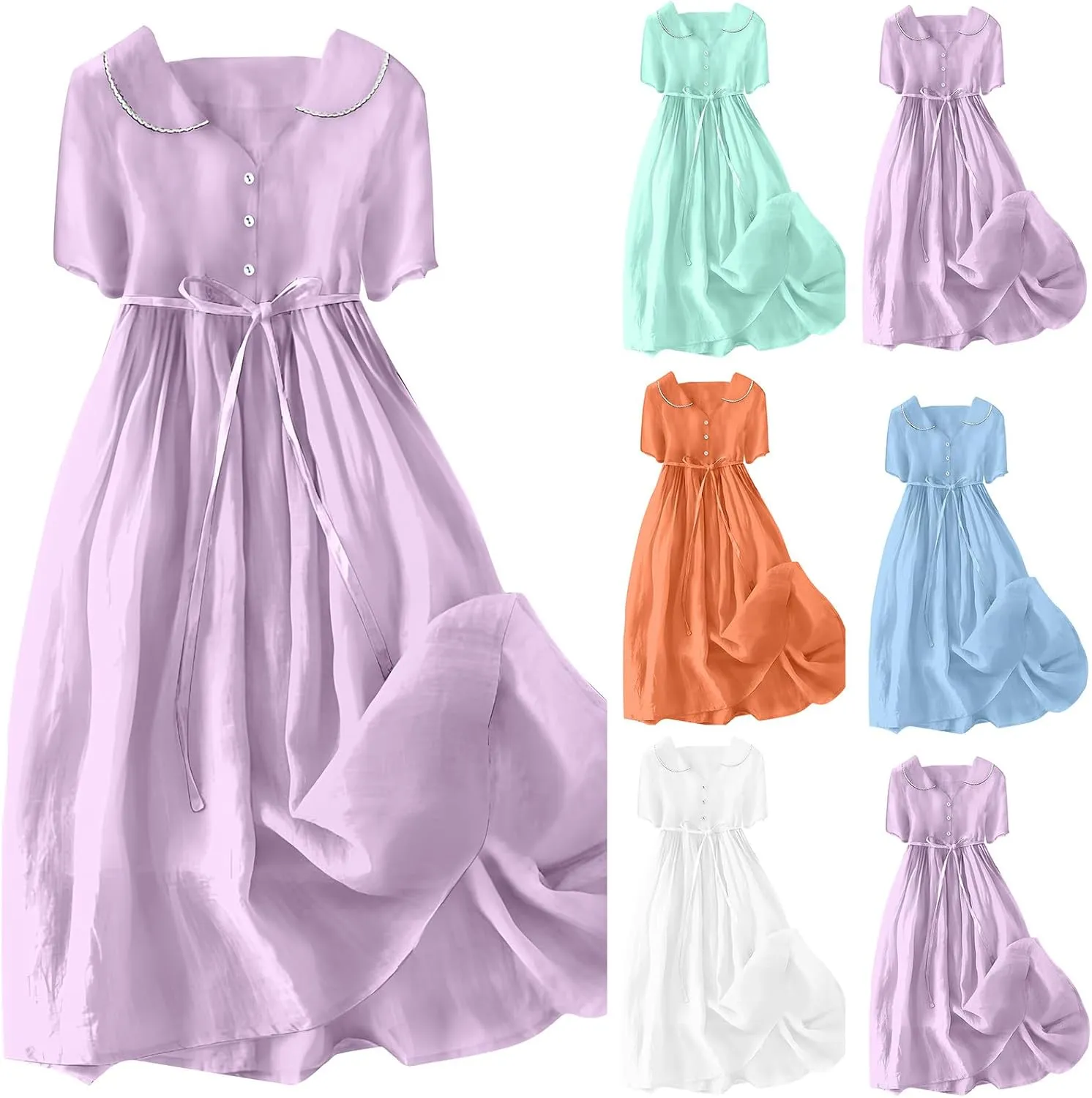 maisdgop Maxi Dresses for Women 2025 Casual Boho Solid Color Cotton Linen Lace up Sundress Fashion Lapel Neck Flowy Dress