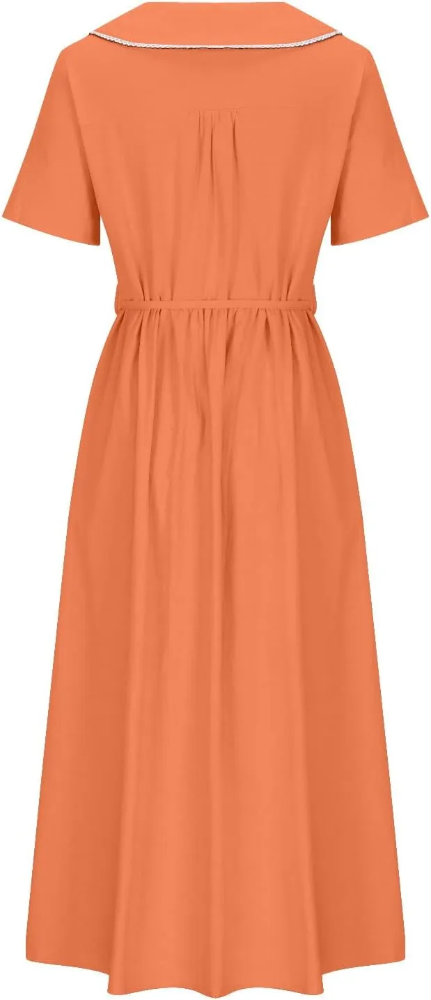 maisdgop Maxi Dresses for Women 2025 Casual Boho Solid Color Cotton Linen Lace up Sundress Fashion Lapel Neck Flowy Dress