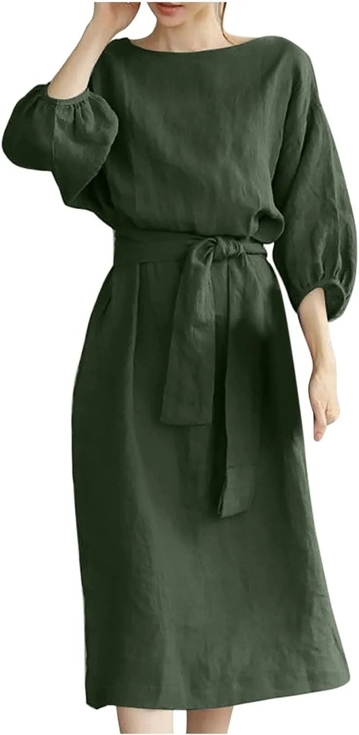 maisdgop Maxi Dresses for Women 2025 Trendy Summer Solid Mid Length Sundress Plus Size Short Sleeve Round Neck Beach Dress