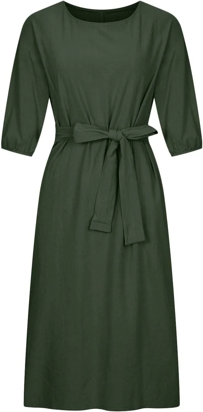 maisdgop Maxi Dresses for Women 2025 Trendy Summer Solid Mid Length Sundress Plus Size Short Sleeve Round Neck Beach Dress