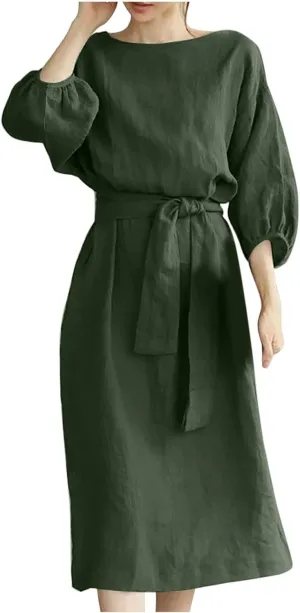 maisdgop Maxi Dresses for Women 2025 Trendy Summer Solid Mid Length Sundress Plus Size Short Sleeve Round Neck Beach Dress