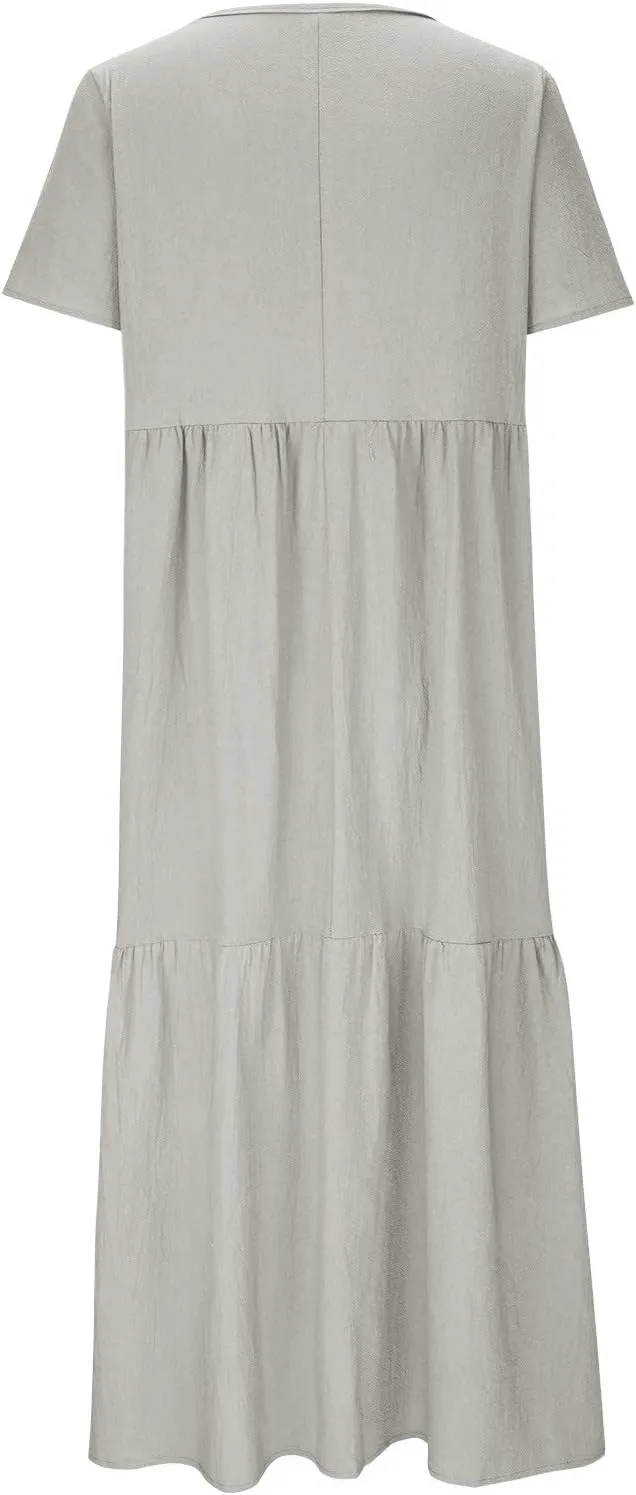 maisdgop Maxi Dresses for Women 2025 Trendy Summer Solid Mid Length Sundress Plus Size Short Sleeve Round Neck Beach Dress