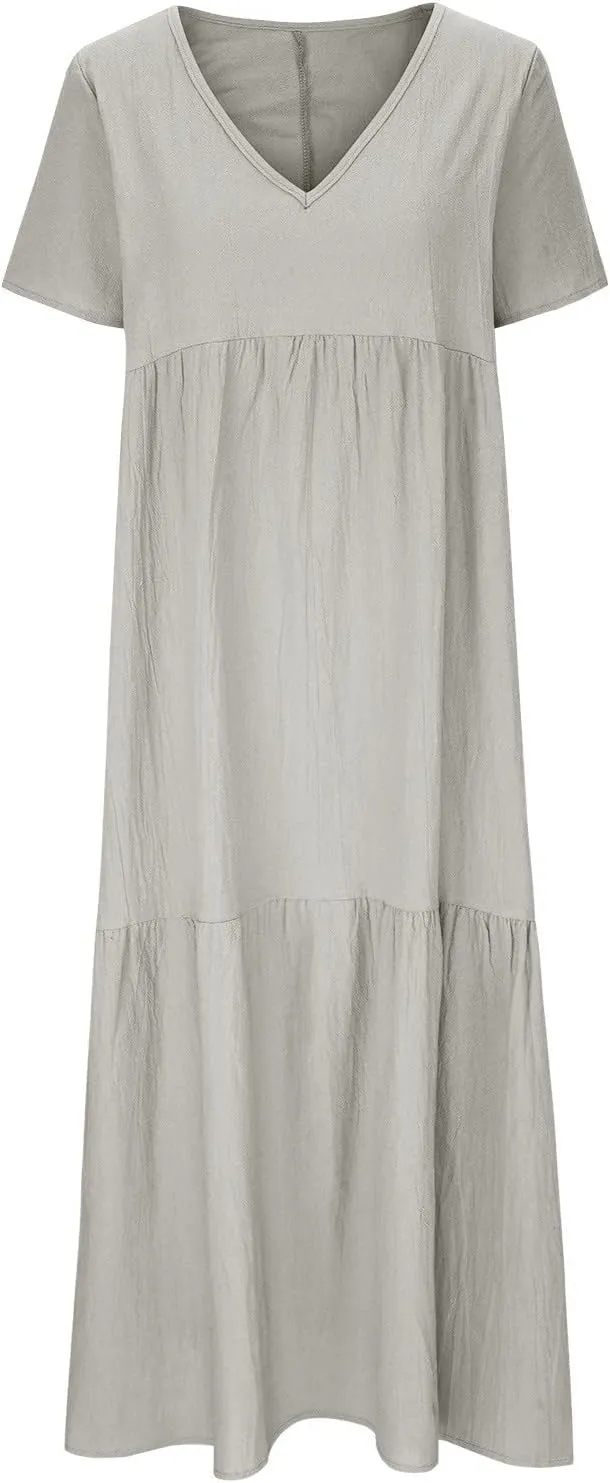 maisdgop Maxi Dresses for Women 2025 Trendy Summer Solid Mid Length Sundress Plus Size Short Sleeve Round Neck Beach Dress