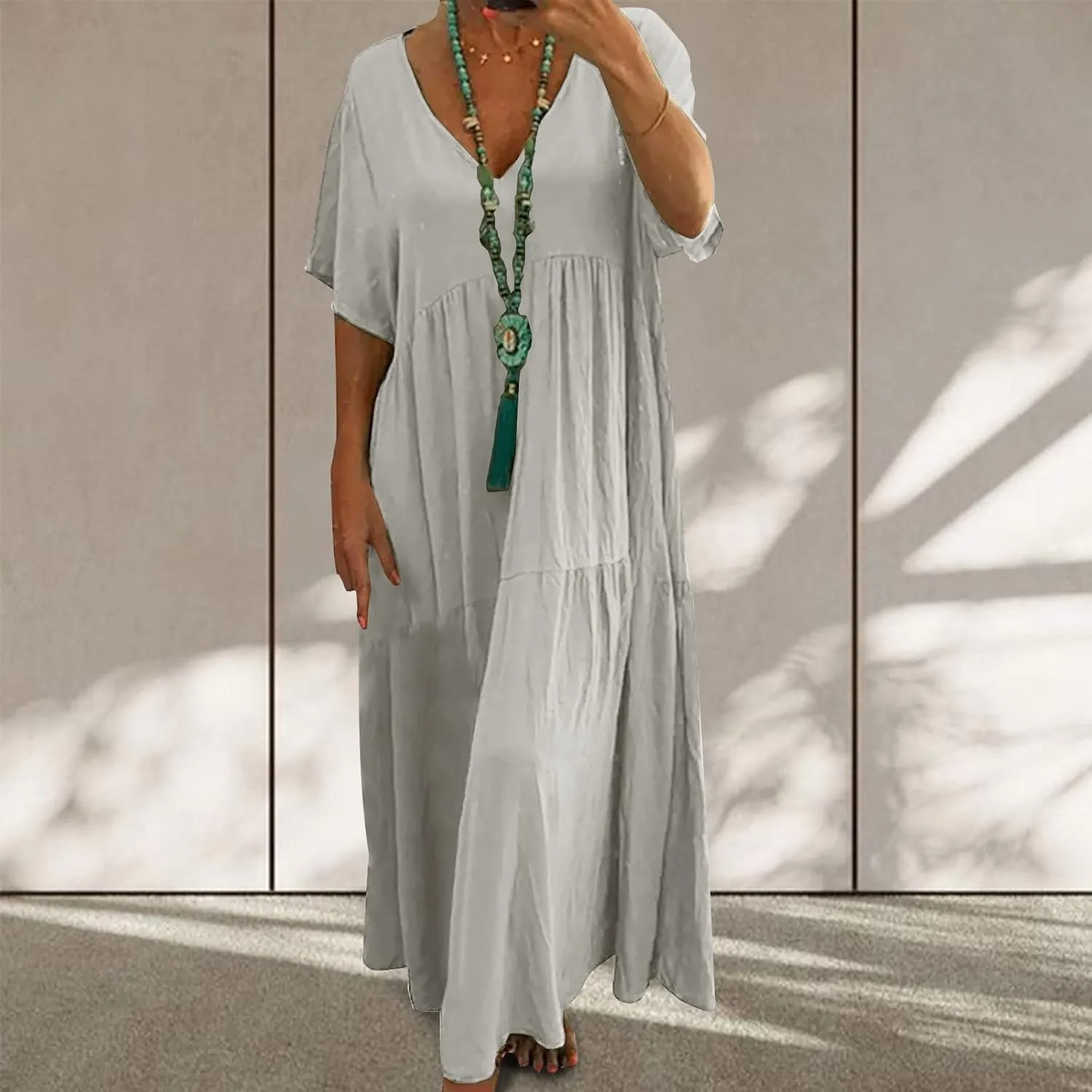 maisdgop Maxi Dresses for Women 2025 Trendy Summer Solid Mid Length Sundress Plus Size Short Sleeve Round Neck Beach Dress