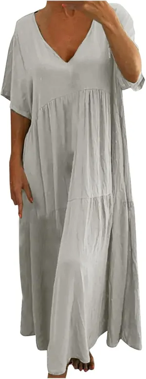maisdgop Maxi Dresses for Women 2025 Trendy Summer Solid Mid Length Sundress Plus Size Short Sleeve Round Neck Beach Dress