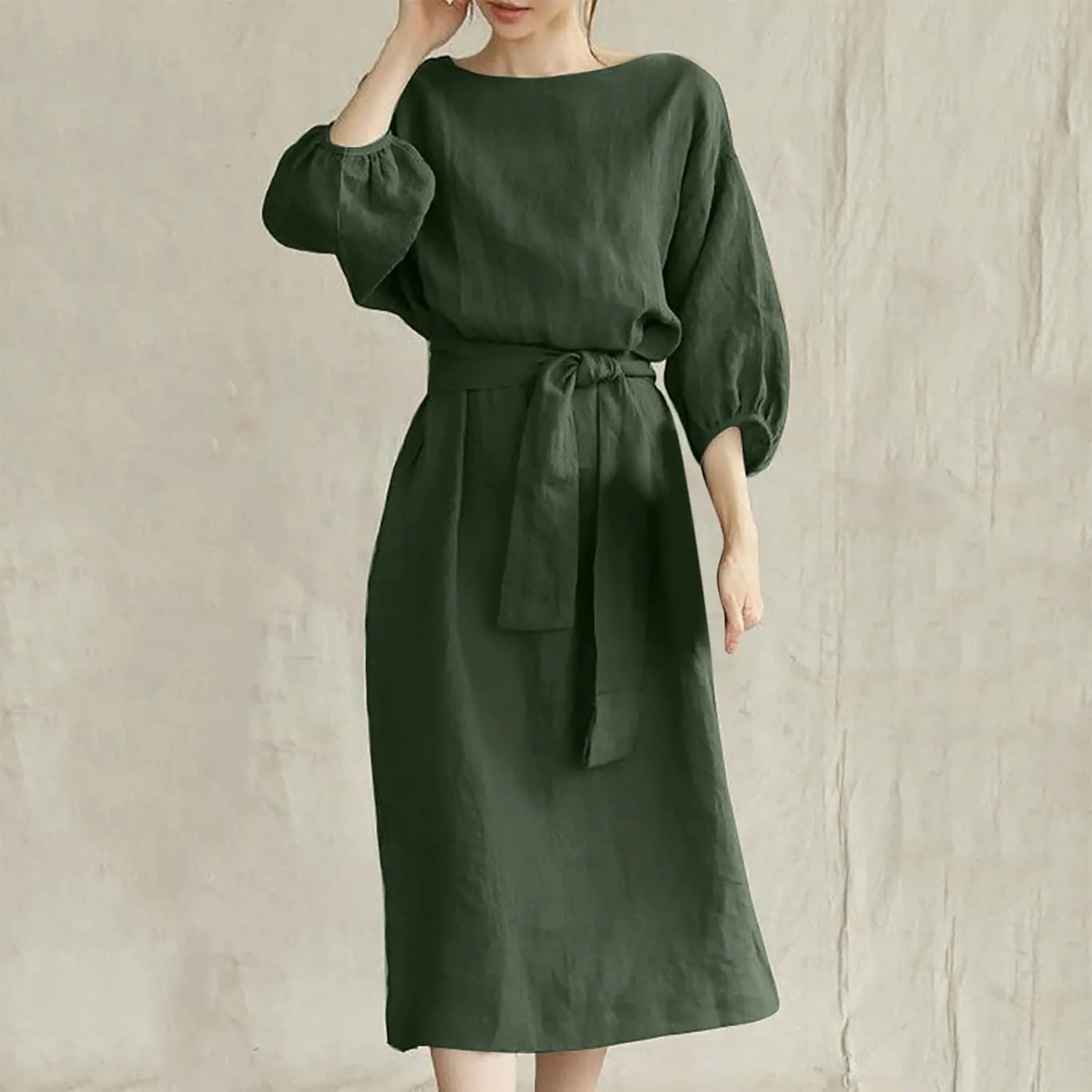maisdgop Maxi Dresses for Women 2025 Trendy Summer Solid Mid Length Sundress Plus Size Short Sleeve Round Neck Beach Dress