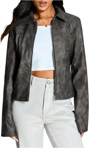 MakeMeChic Women's Crop Faux Leather Jacket Vintage Long Sleeve Collar Zip Up Biker Motorcycle Jackets Coats