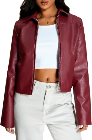 MakeMeChic Women's Crop Faux Leather Jacket Vintage Long Sleeve Collar Zip Up Biker Motorcycle Jackets Coats